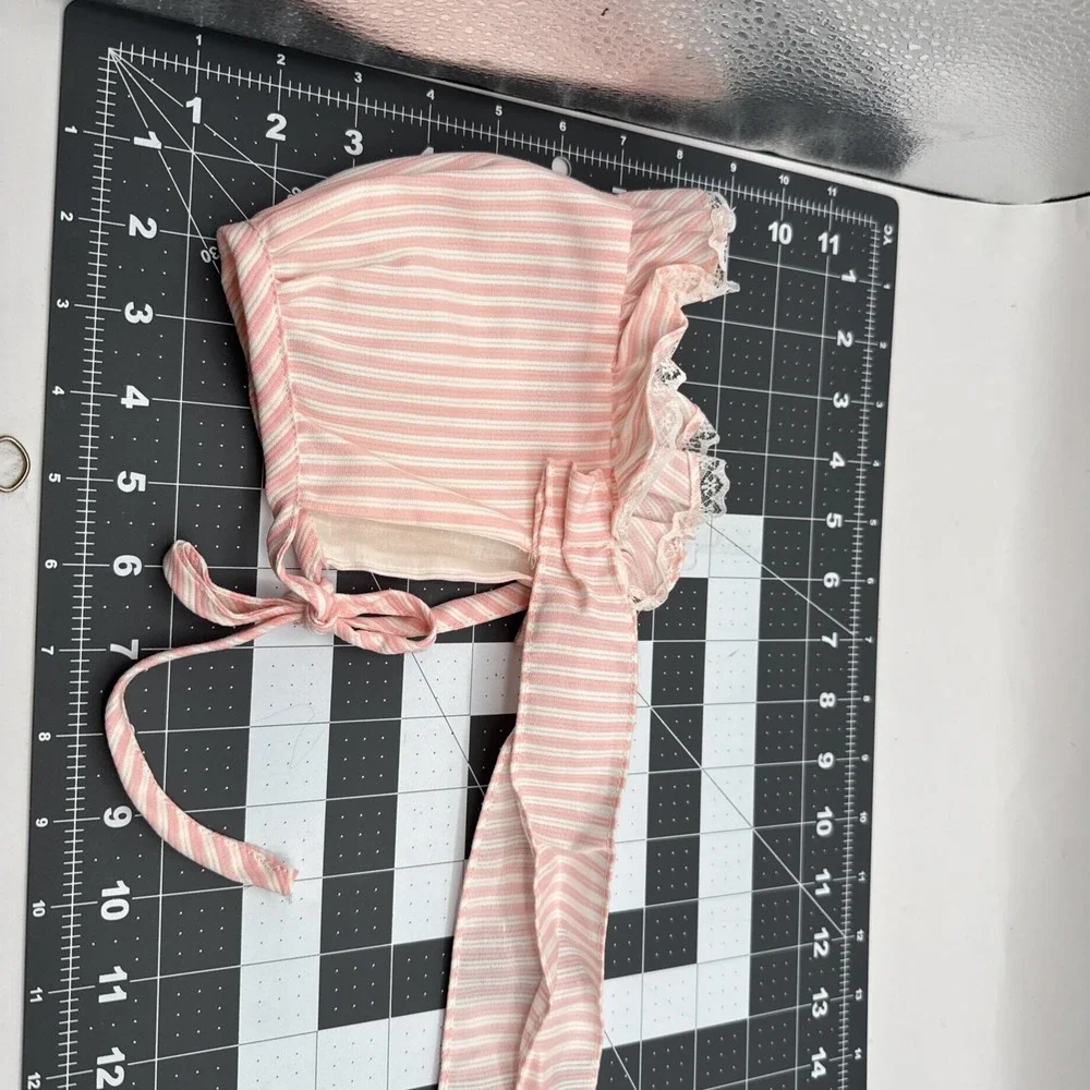 Vintage Baby Bonnet Pink White Cotton Stripe Adjustable Ribbon‎